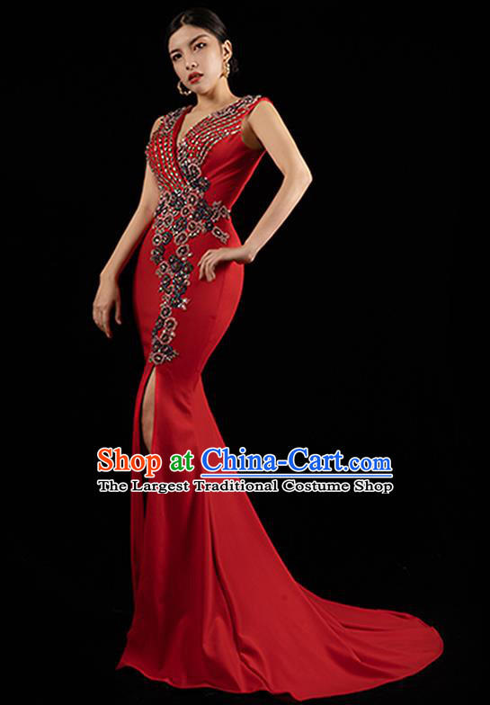Top Grade Catwalks Trailing Dress Annual Meeting Clothing Stage Show Embroidery Beads Red Full Dress