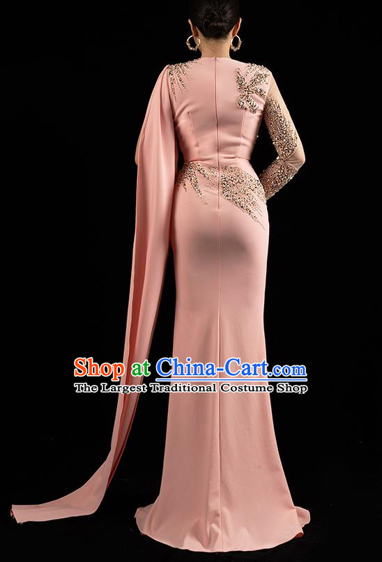 Top Grade Annual Meeting Clothing Stage Show Embroidery Beads Pink Slim Dress Catwalks Compere Dress