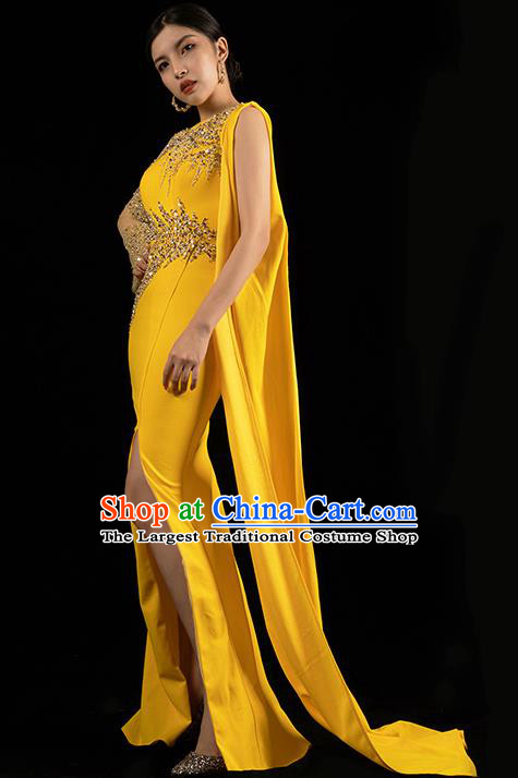 Top Grade Catwalks Compere Yellow Slim Dress Annual Meeting Clothing Stage Show Embroidery Beads Dress