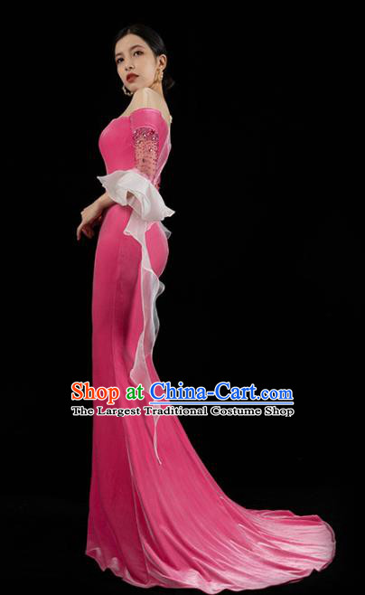 Top Grade Annual Meeting Clothing Stage Show Wedding Full Dress Catwalks Compere Rosy Velvet Trailing Dress