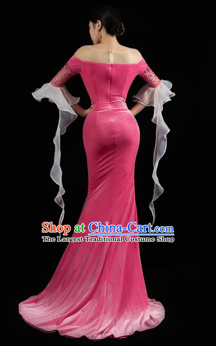 Top Grade Annual Meeting Clothing Stage Show Wedding Full Dress Catwalks Compere Rosy Velvet Trailing Dress