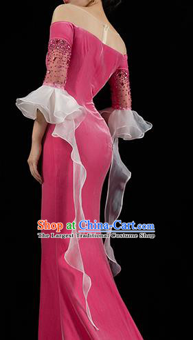 Top Grade Annual Meeting Clothing Stage Show Wedding Full Dress Catwalks Compere Rosy Velvet Trailing Dress