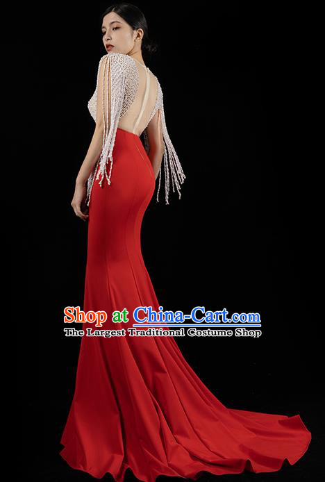 Top Grade Stage Show Beads Tassel Full Dress Annual Meeting Clothing Catwalks Compere Red Trailing Dress
