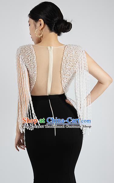 Top Grade Catwalks Compere Black Trailing Dress Stage Show Beads Tassel Full Dress Annual Meeting Clothing