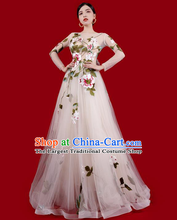 Top Grade Stage Show Beige Veil Full Dress Annual Meeting Clothing Catwalks Compere Embroidered Flowers Dress