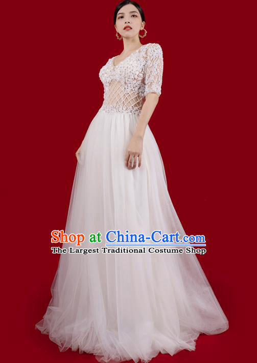 Top Grade White Wedding Dress Annual Meeting Clothing Catwalks Stage Show Embroidered Beads Full Dress
