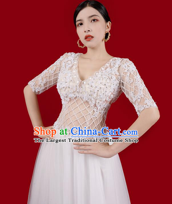 Top Grade White Wedding Dress Annual Meeting Clothing Catwalks Stage Show Embroidered Beads Full Dress