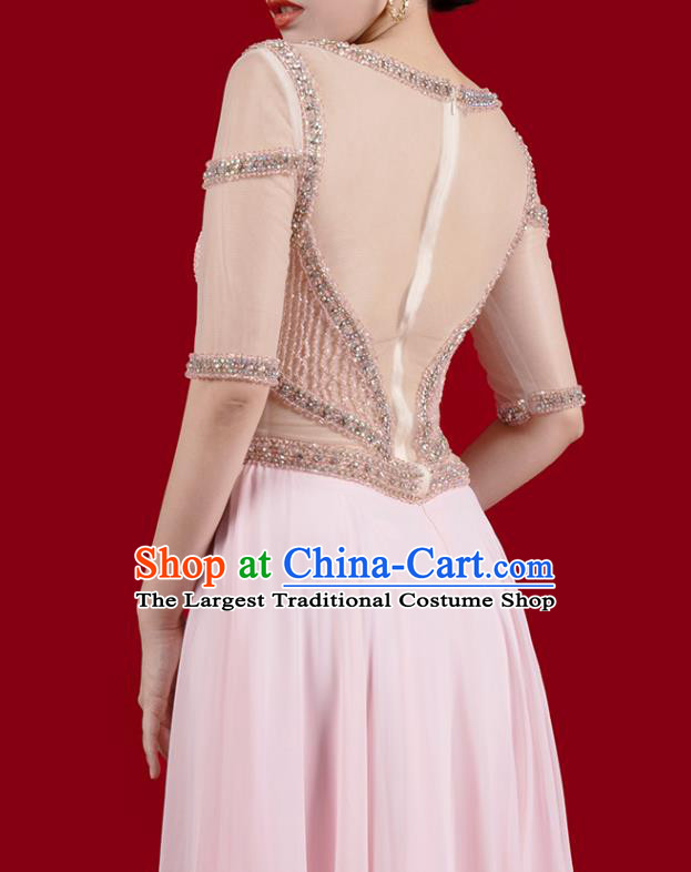 Top Grade Stage Show Pink Slim Dress Annual Meeting Clothing Catwalks Embroidered Beads Full Dress