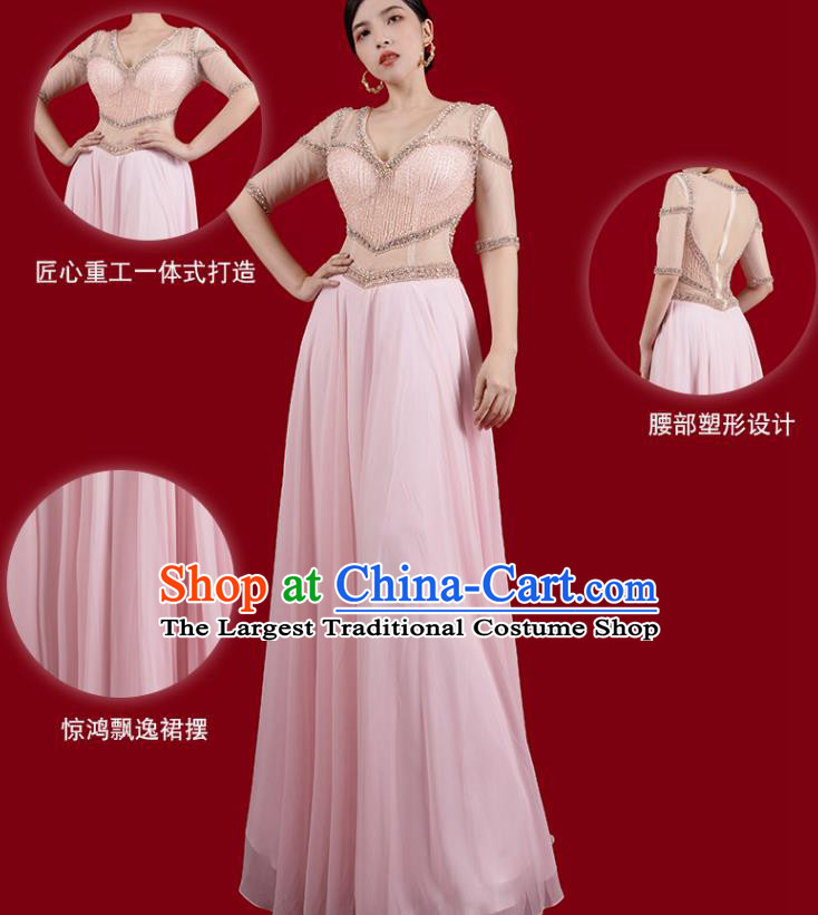 Top Grade Stage Show Pink Slim Dress Annual Meeting Clothing Catwalks Embroidered Beads Full Dress