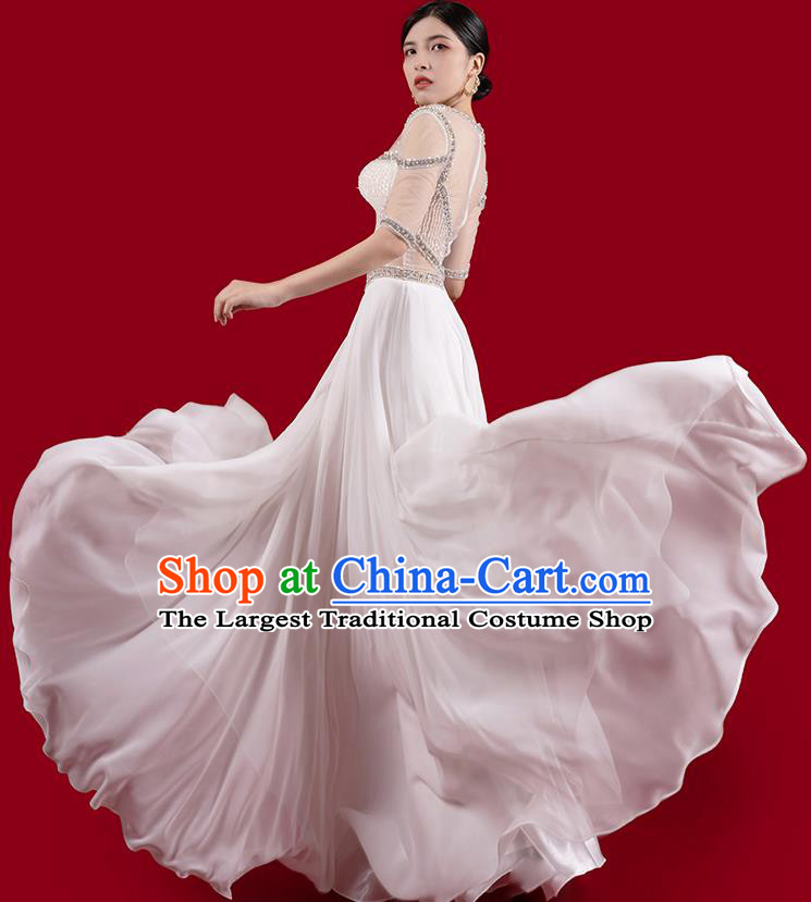 Top Grade Catwalks Embroidered Beads Full Dress Stage Show White Slim Dress Annual Meeting Clothing