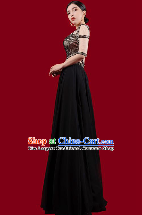 Top Grade Annual Meeting Clothing Catwalks Embroidered Beads Full Dress Stage Show Black Slim Dress