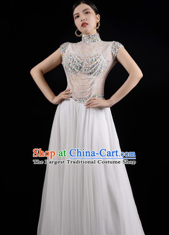 Top Grade Annual Meeting Stage Show White Dress Clothing Catwalks Embroidered Beads Full Dress