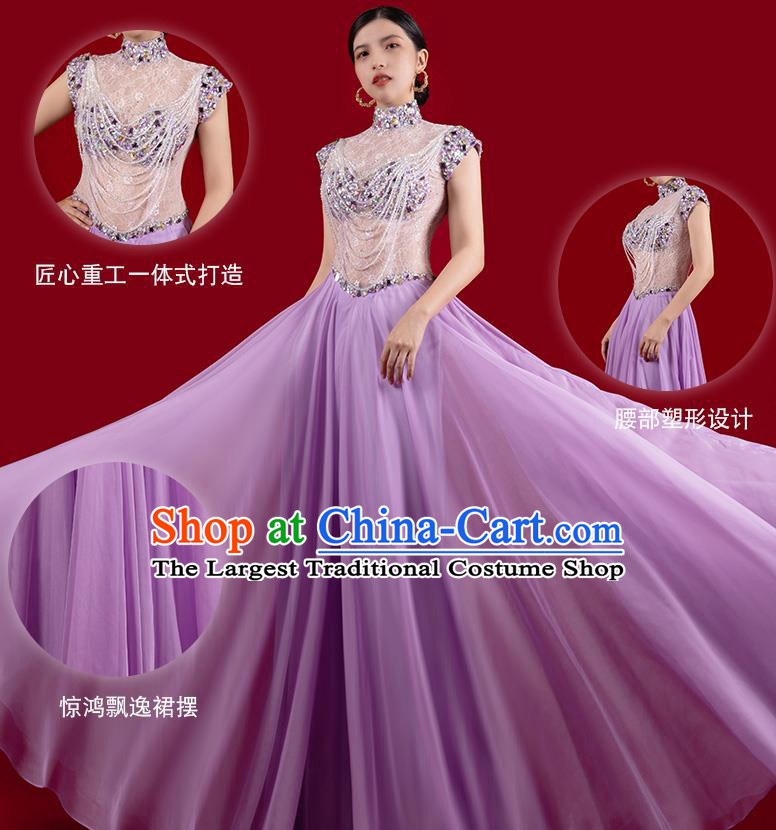 Top Grade Embroidered Beads Tassel Full Dress Annual Meeting Stage Show Violet Dress Catwalks Clothing