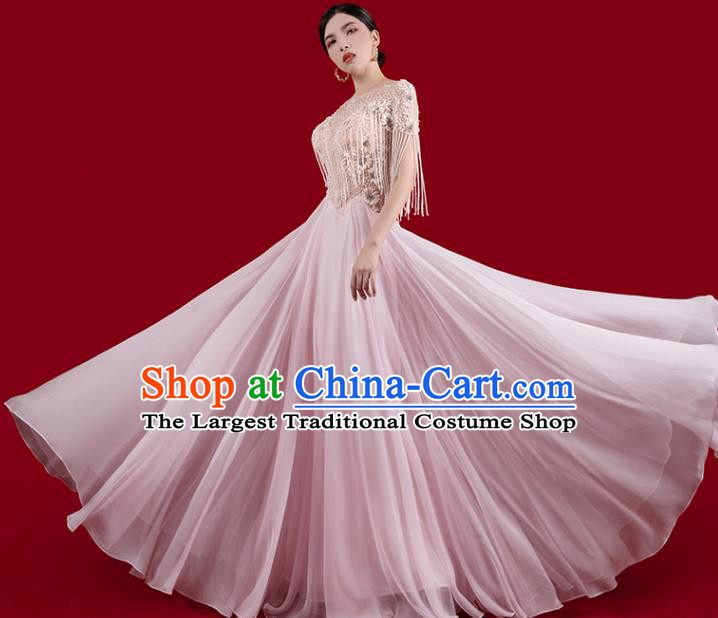 Top Grade Annual Meeting Stage Show Pink Dress Catwalks Embroidered Clothing Beads Tassel Full Dress