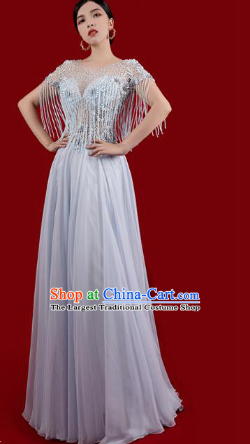 Top Grade Beads Tassel Full Dress Annual Meeting Stage Show Blue Dress Catwalks Embroidered Clothing