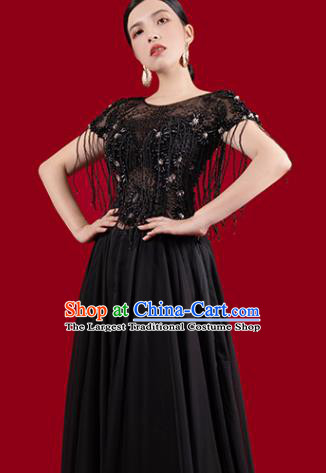 Top Grade Catwalks Embroidered Clothing Beads Tassel Full Dress Annual Meeting Stage Show Black Dress