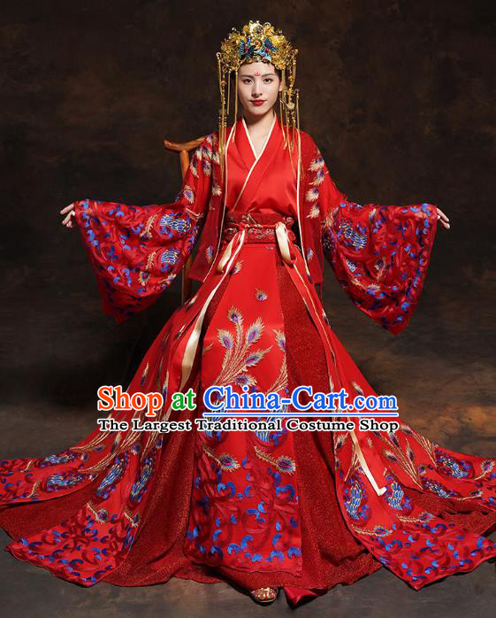 China Classical Wedding Bride Red Toast Dress Traditional Ancient Queen Embroidered Costumes