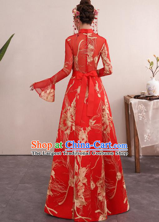 Chinese Traditional Wedding Bride Red Cheongsam Clothing Classical Embroidered Toast Dress