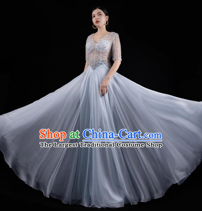 Top Grade Stage Show Clothing Embroidery Beads Light Blue Full Dress Annual Meeting Dress