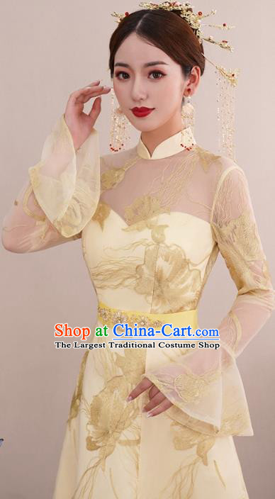 Chinese Classical Embroidered Toast Dress Traditional Wedding Bride Light Golden Cheongsam Clothing