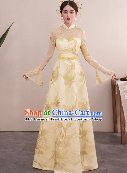 Chinese Classical Embroidered Toast Dress Traditional Wedding Bride Light Golden Cheongsam Clothing