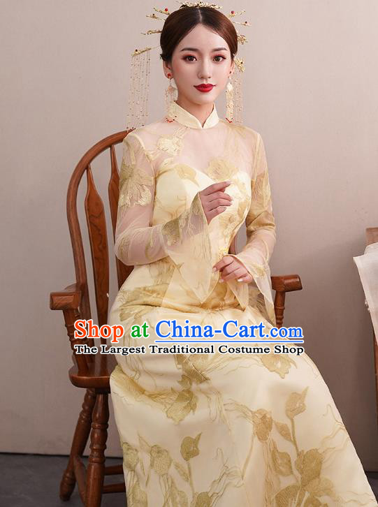 Chinese Classical Embroidered Toast Dress Traditional Wedding Bride Light Golden Cheongsam Clothing