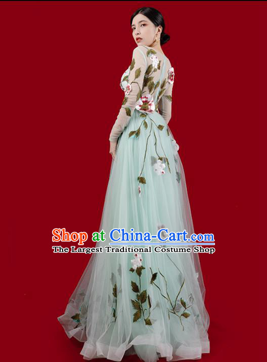 Top Grade Annual Meeting Veil Dress Stage Show Clothing Embroidery Light Green Full Dress