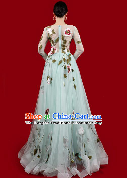 Top Grade Annual Meeting Veil Dress Stage Show Clothing Embroidery Light Green Full Dress