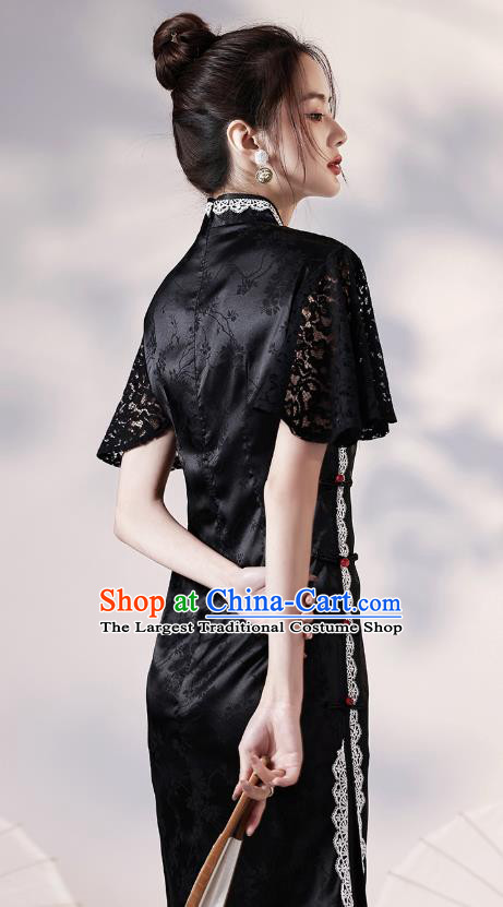 Chinese Classical Lace Sleeve Qipao Dress Traditional Modern Young Lady Black Short Cheongsam Clothing