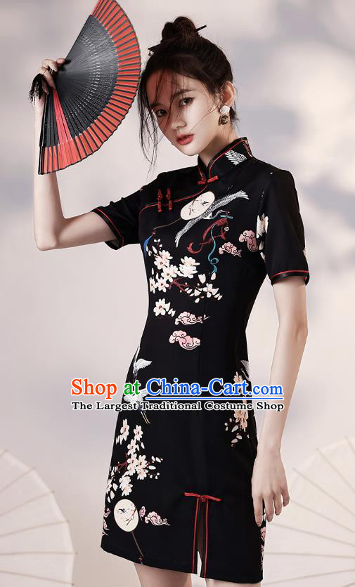 Chinese Classical Printing Cranes Black Short Qipao Dress Traditional Young Lady Modern Cheongsam Clothing