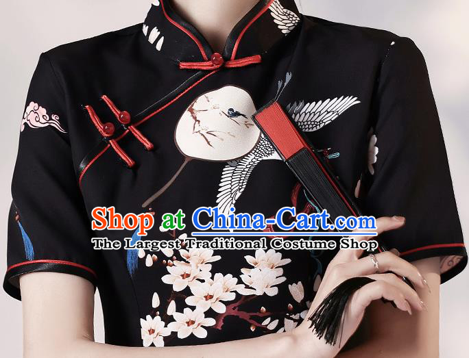 Chinese Classical Printing Cranes Black Short Qipao Dress Traditional Young Lady Modern Cheongsam Clothing