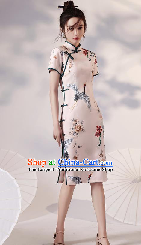 Chinese Traditional Young Lady Modern Apricot Cheongsam Clothing Classical Printing Cranes Peony Qipao Dress