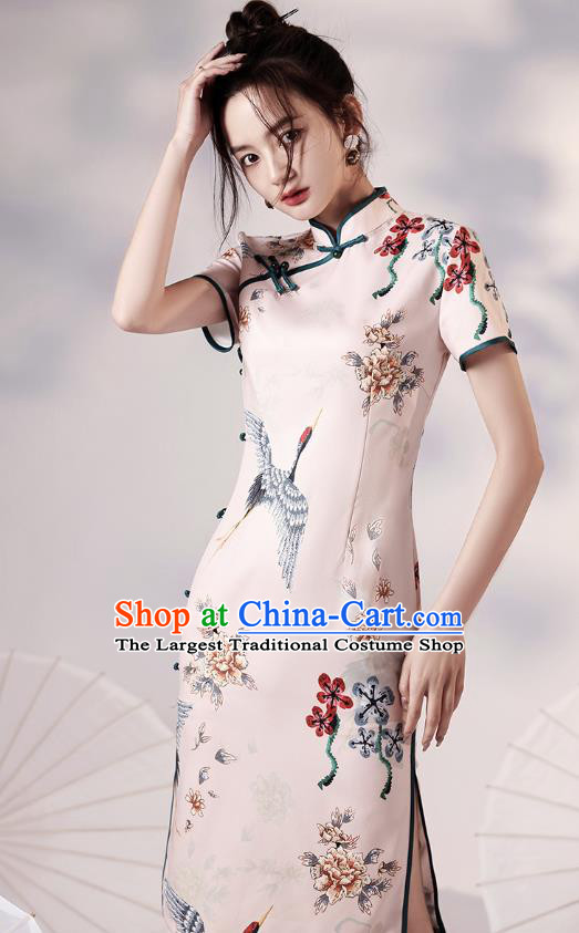 Chinese Traditional Young Lady Modern Apricot Cheongsam Clothing Classical Printing Cranes Peony Qipao Dress