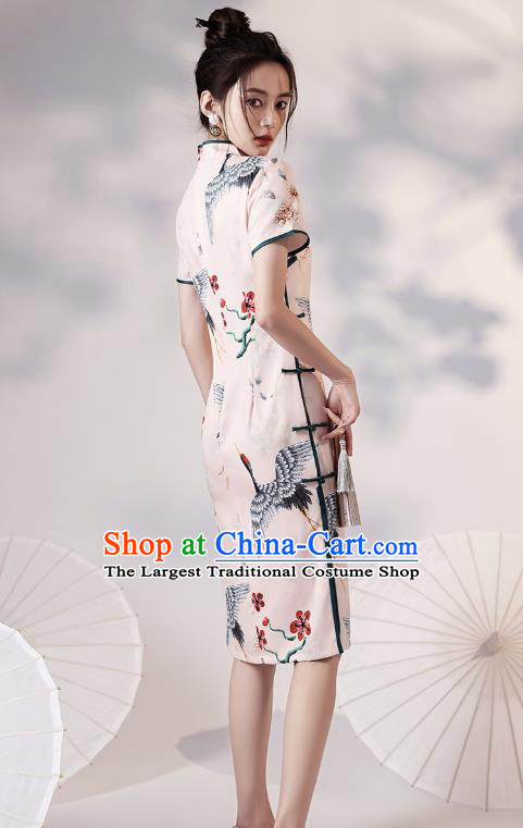 Chinese Traditional Young Lady Modern Apricot Cheongsam Clothing Classical Printing Cranes Peony Qipao Dress