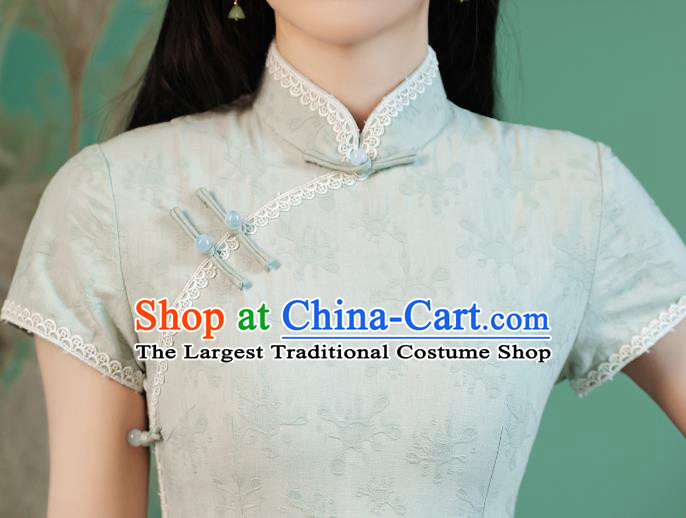 China Traditional Light Green Lace Qipao Dress National Young Lady Cheongsam