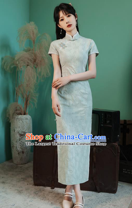 China Traditional Light Green Lace Qipao Dress National Young Lady Cheongsam