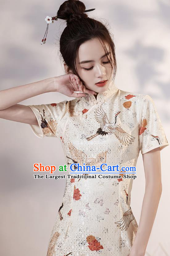 Chinese Modern Short Cheongsam Clothing Classical Printing Cranes White Qipao Dress