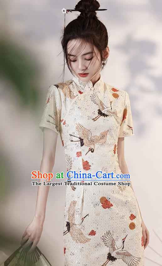 Chinese Modern Short Cheongsam Clothing Classical Printing Cranes White Qipao Dress