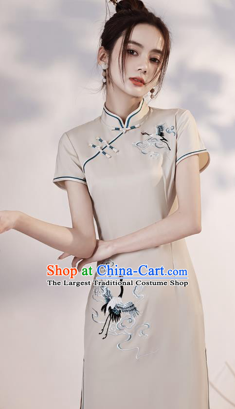 Chinese Embroidered Crane Short Cheongsam Clothing Classical Beige Satin Qipao Dress
