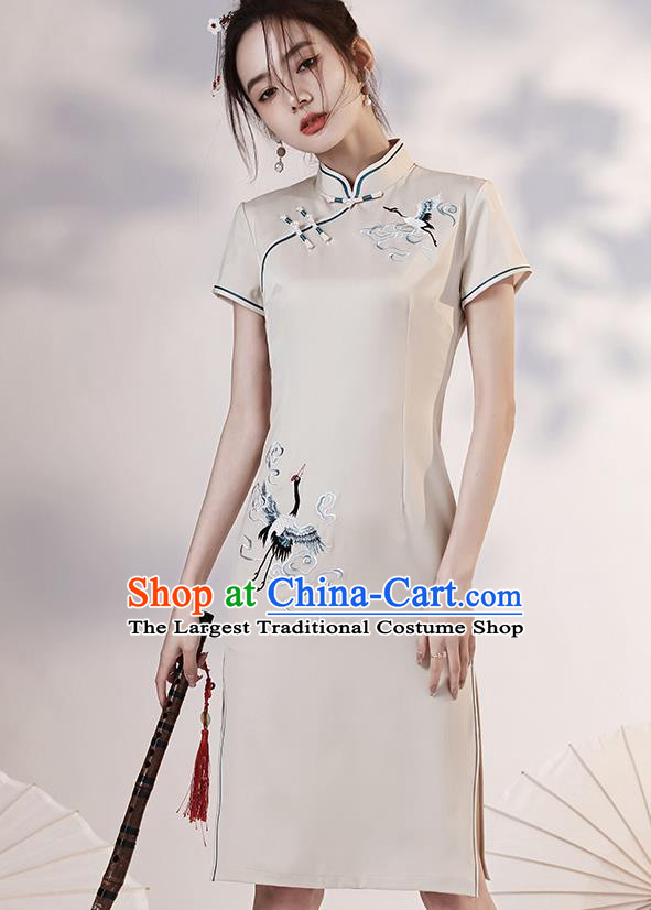 Chinese Embroidered Crane Short Cheongsam Clothing Classical Beige Satin Qipao Dress