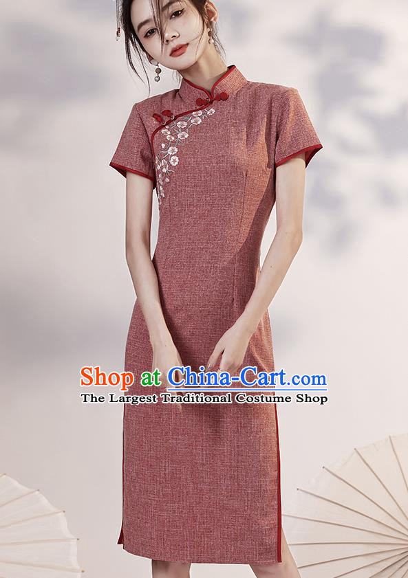 Chinese Embroidered Rust Red Cheongsam Clothing Modern Dance Short Qipao Dress