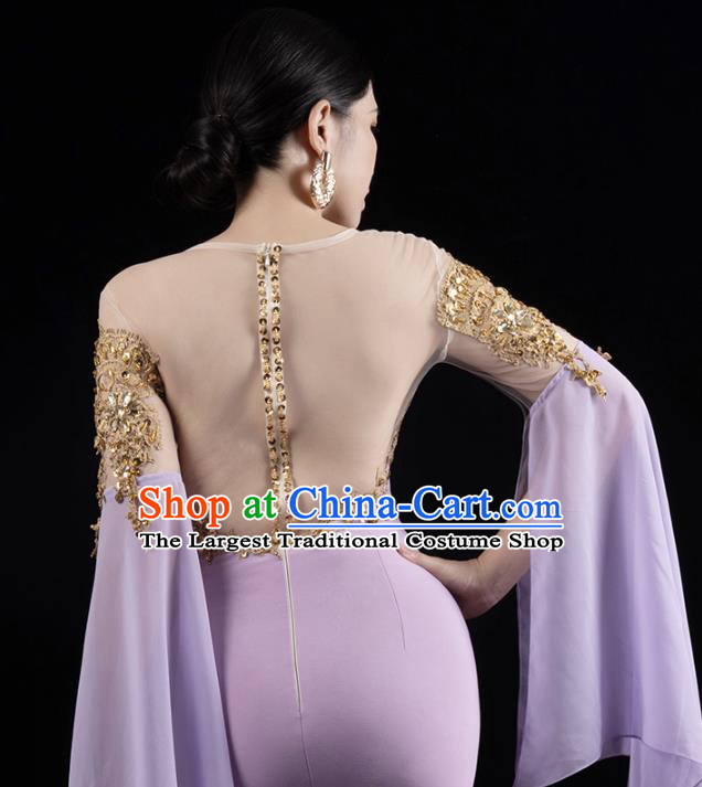 Top Grade Annual Meeting Lilac Trailing Dress Catwalk Performance Clothing Compere Full Dress