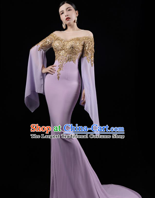 Top Grade Annual Meeting Lilac Trailing Dress Catwalk Performance Clothing Compere Full Dress