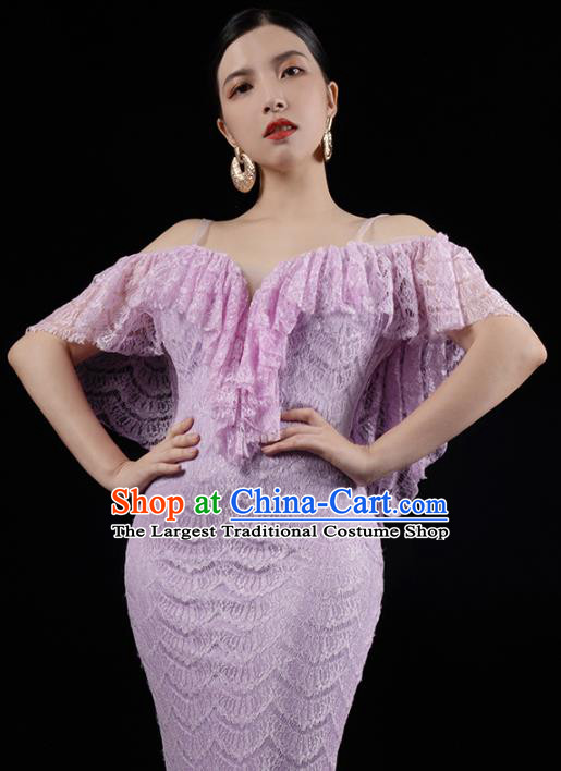 Top Grade Compere Full Dress Annual Meeting Lilac Lace Trailing Dress Catwalk Performance Clothing