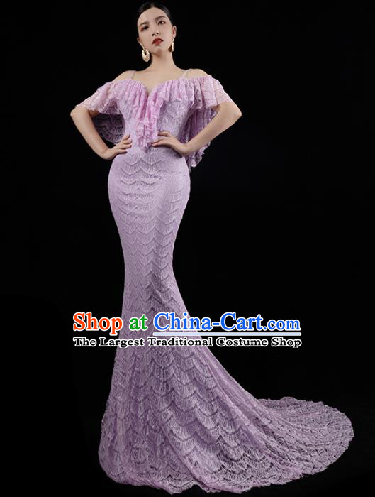 Top Grade Compere Full Dress Annual Meeting Lilac Lace Trailing Dress Catwalk Performance Clothing