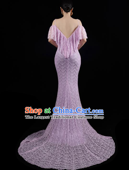 Top Grade Compere Full Dress Annual Meeting Lilac Lace Trailing Dress Catwalk Performance Clothing