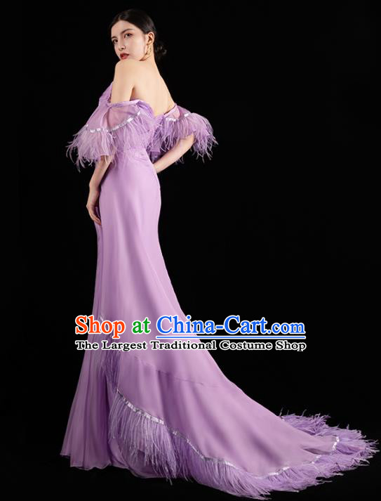Top Grade Compere Violet Full Dress Catwalk Performance Clothing Annual Meeting Trailing Dress
