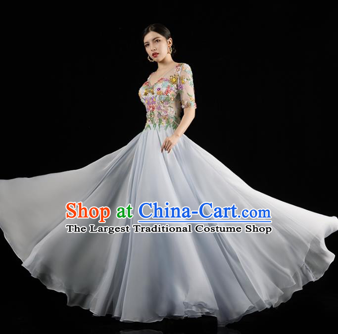 Top Grade Annual Meeting Embroidered Light Blue Dress Compere Full Dress Catwalk Performance Clothing