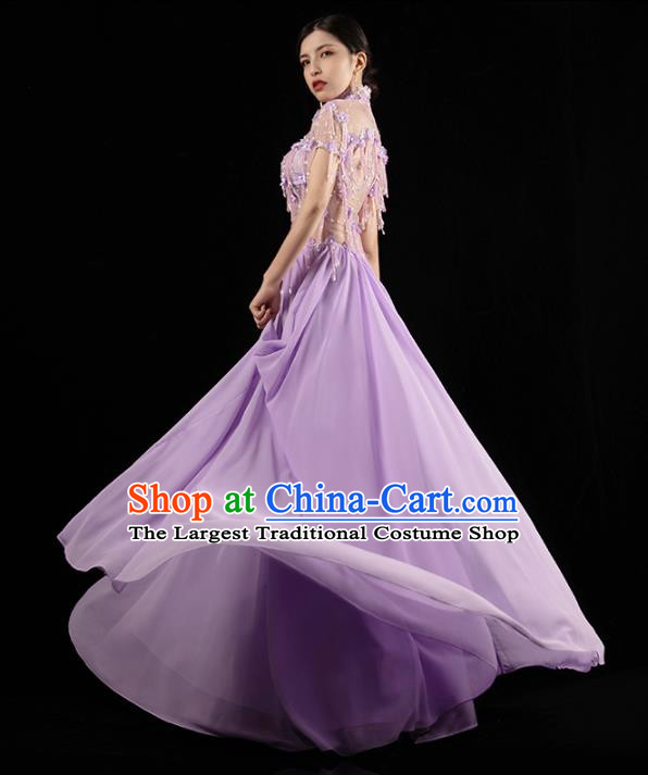 Top Grade Catwalk Dress Annual Meeting Performance Clothing Compere Lilac Beads Tassel Full Dress