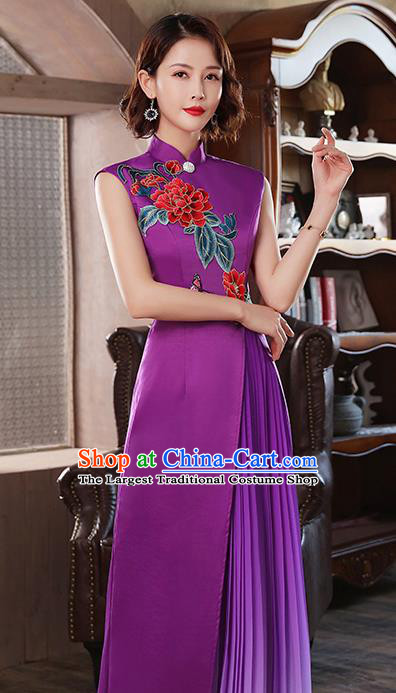 Chinese Catwalks Costume Classical Dance Cheongsam Stage Show Embroidery Peony Purple Satin Qipao Dress
